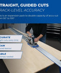 Pro Level Circular Saw Track Extension Adds 50 Inches Slick Guide Rail for precise cutting on a wooden surface.