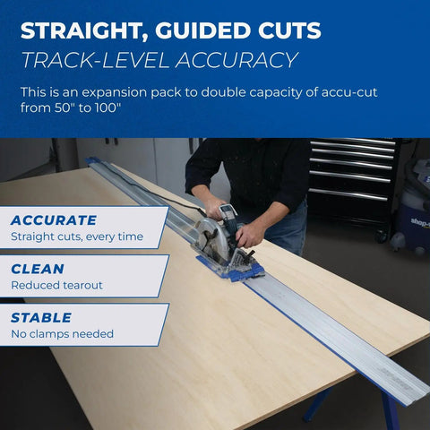 Pro Level Circular Saw Track Extension Adds 50 Inches Slick Guide Rail for precise cutting on a wooden surface.