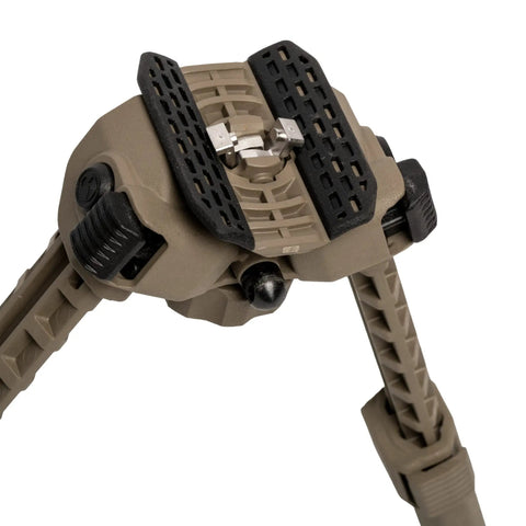 MOE Bipod For Hunting And Shooting Lightweight Injection Molded Build Under 8 Ounces Delivers Rugged Stability, Easy Setup, And A Solid Prone Or Bench Shot Platform For Field Hunters tan rubber feet legs folded close view
