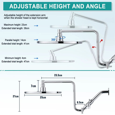 Adjustable 12 inch extension arm for 10 Inch Rainfall Shower Head With Handheld Combo, showcasing height and angle options.