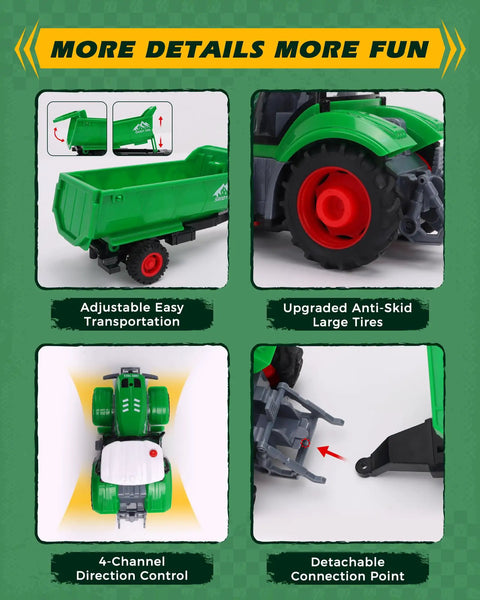 Remote Control Tractor 1 To 24 Scale With Dump Trailer Rechargeable RC Farm Vehicle features and functions close-up