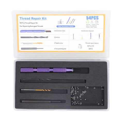 Top Notch 54 Piece Thread Repair Installation Kit Made From Tough 304 Stainless Steel For Fixing Stripped Internal Threads And Upgrading Soft Metal Parts Without Buying New Gear. 54-piece M2*0.4 thread repair kit with tools, drill bit, tap, and inserts in case