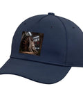 Navy Blue Industrial Gear Abandoned Factory Adjustable Structured Five Panel Baseball Hat With High Profile Crown One Size Fits Most Adults side view with graphic.