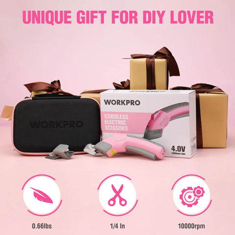 Workpro 4V Cordless Electric Scissors With Rechargeable Power Shears For Effortless Cutting Plastic And Cardboard Fast Speed Up To Ten Thousand RPM Includes Two Durable Blades Lightweight Design Ideal For Crafters And DIY Projects Quick Charging Battery with carrying case and gift boxes.