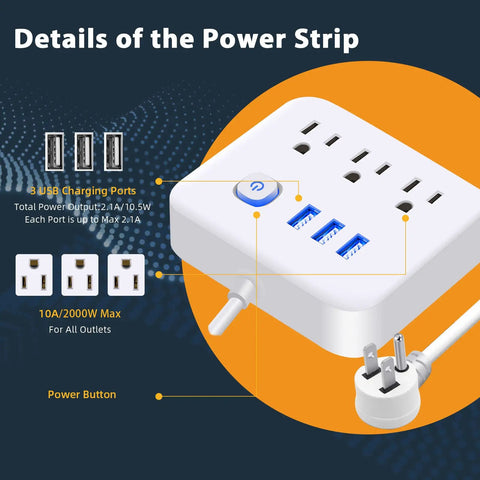 Power Strip With USB Ports And 3 Outlets Flat Plug Desktop Charging Station For Dorm Home Office Travel UL Listed 2000W 10A 3 USB Ports 5V 2.1A No Surge Protector White