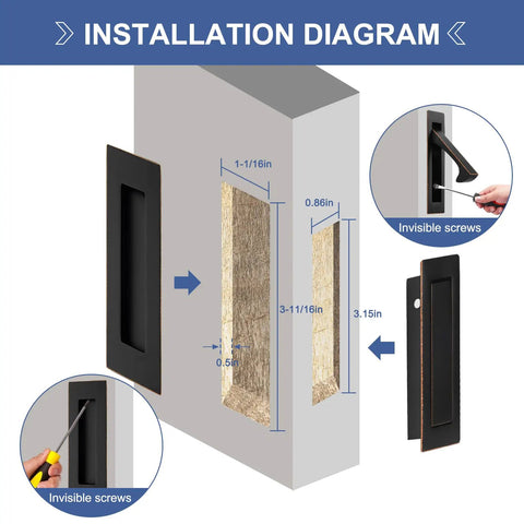 Installation diagram for Slick Recessed Pocket Door Hardware Set With Flushing Edge Pull And Two Legit Heavy Duty Slide Handles.
