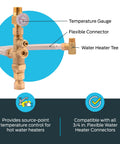 Front view of brass 3/4-in tank booster water heater valve with temperature gauge and braided hose