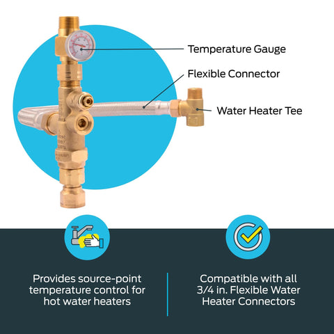 Front view of brass 3/4-in tank booster water heater valve with temperature gauge and braided hose