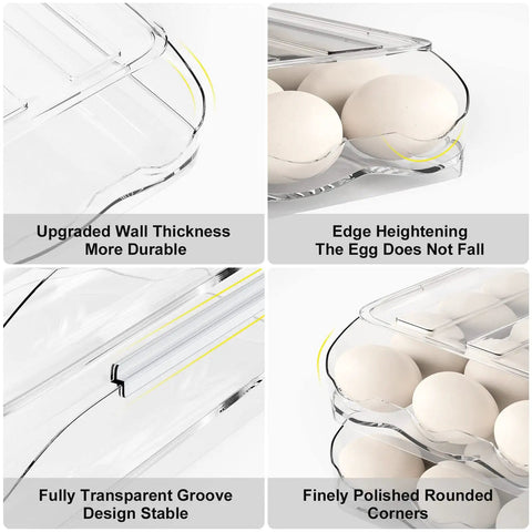 Close-up collage of Auto Rolling Egg Holder For Refrigerator Two-Layer 36 Egg Capacity showing design and egg storage details