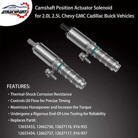 Camshaft Position Actuator VVT Solenoid For 2.0L And 2.5L Chevy Malibu Impala Colorado Cadillac ATS GMC Canyon Buick Envision And More Replaces 12655433 12655434 OEM Fit For Smoother Idle And Better Fuel Economy, front view showing dual solenoids on black background.