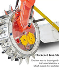 Close-up of the Back-Friendly Garden Seeder Row Planter Hand Push Seeder With 16 Holes, showing the thickened iron mouth.