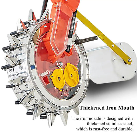 Close-up of the Back-Friendly Garden Seeder Row Planter Hand Push Seeder With 16 Holes, showing the thickened iron mouth.