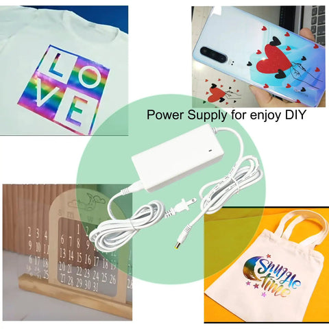 Replacement 24V DC Power Cord For Cricut Maker 3 Cutting Machine, shown with various DIY projects like bags and shirts.