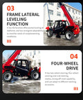 Heavy Duty Telehandler Telescopic Forklift With Extendable Boom And One To Five Ton Capacity Built Like A Beast For Rough Terrain jobsite showing frame lateral leveling function.
