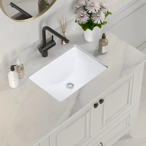 Undermount Rectangular White Ceramic Bathroom Sink For Small Vanities 20 By 15 Inch Porcelain Under Counter Basin With Overflow Seamless Install No Faucet Holes Great Pick For Compact Bathrooms