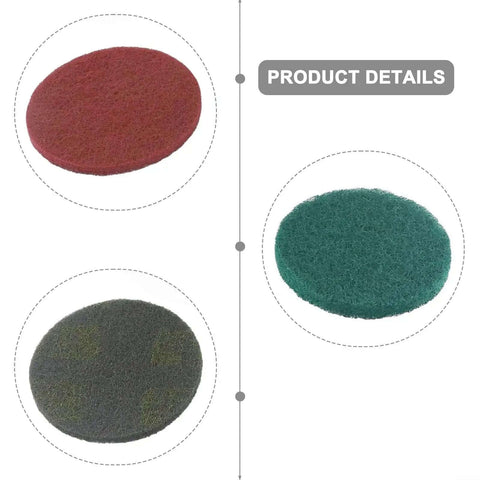 3 scouring pads from 5 Inch Nylon Scouring Pads Set For Drill Powered Buffers And Polishers, 6 Pack Industrial Scrubbing Discs Green Red Grey
