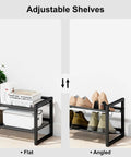 Expandable Heavy Duty Metal Shoe Rack With Adjustable Shelves Freestanding Shoe Organizer for Entryway Closet or Garage with tilt and flat shelves.
