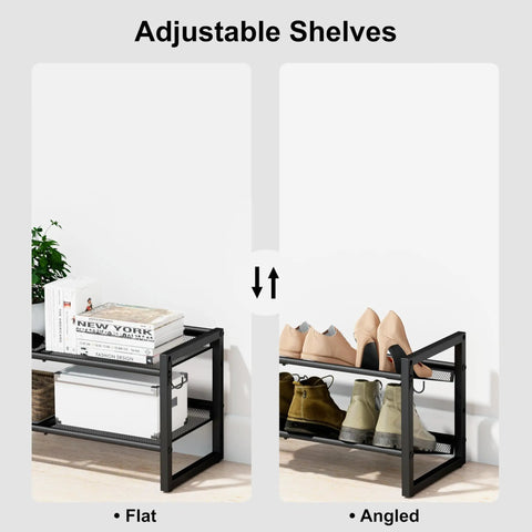 Expandable Heavy Duty Metal Shoe Rack With Adjustable Shelves Freestanding Shoe Organizer for Entryway Closet or Garage with tilt and flat shelves.