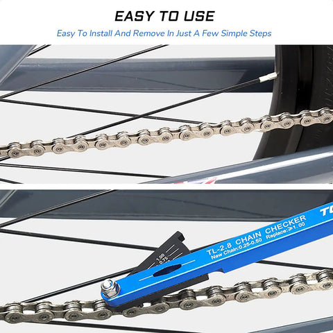 Blue alloy Bike Chain Checker Tool For All Chains Including Shimano SRAM KMC Campagnolo being used on a bike chain