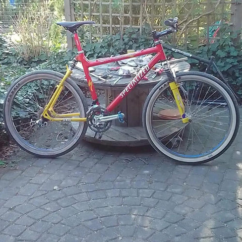 Red and yellow mountain bike with Dope Universal Mountain Bike Seat Post 27.2mm 30.9mm 31.6mm 400mm Long Aluminum 6061 T6 Seatpost