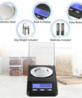 Ultra Precise 50g Digital Scale with 0.001g readings, stainless steel surface, LCD display, and included 20g calibration weight
