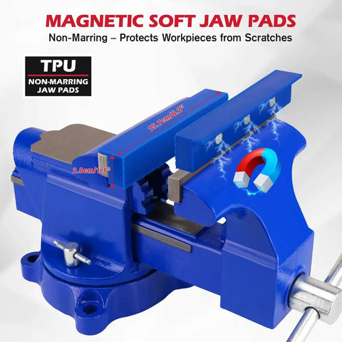 Heavy Duty 6 Inch Bench Vise With Jaw Pads And Anvil For Woodworking Drilling And Pipe Cutting 360 Degree Swivel Locking Base 4500 Lbs Clamping Force Beast Mode Strength