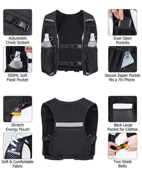 Lightweight Running Vest With Dual 500ml Soft Flasks, Unisex Hydration Pack, black with multiple storage pockets and adjustable straps