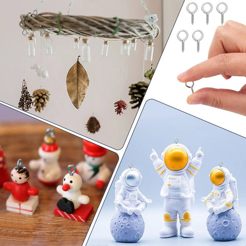 Heavy Duty Screw Eye Hooks 0.63 Inch 300 Pack used for hanging decor, holding an astronaut figurine, and various crafts indoors.