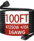 Heavy Duty 100 Foot Outdoor Extension Cord 125V 1250W 10A SJTW Waterproof Weatherproof Flame Retardant Black 3 Prong Power Cord