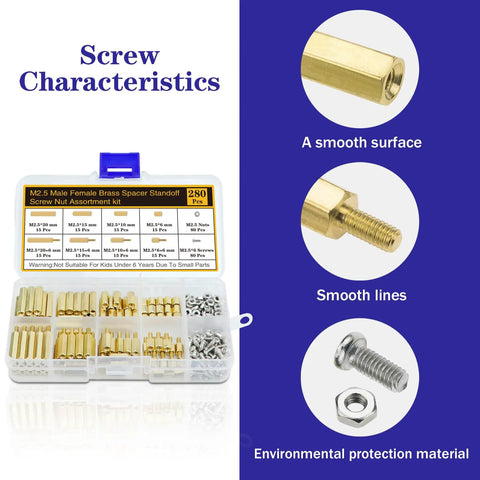 Top Shelf 280 Pcs M2.5 Motherboard Standoffs And Premium Brass Screws Kit For Desktop Builds And Electronics in organized display.