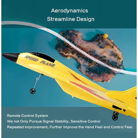 Yellow remote control airplane toy with lights and USB rechargeable battery, drop resistant foam RC plane glider in fighter jet style.