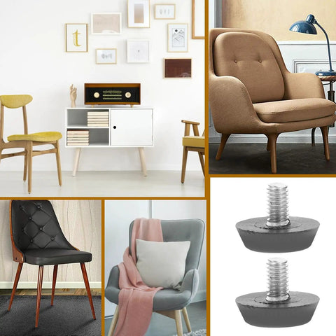 Kick Those Nasty Cabinet And Desk Shakes Flat With Heavy Adjustable Furniture Levelers And Table Feet Screw Direct Install For Chairs Tables And Bookshelves 100 Pack - Adjustable levelers for various furniture in a home setting.