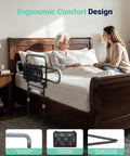 One Hand Fold Bed Rail For Seniors, 180 Degree Folding, Adjustable Height and Width, beside senior woman on wooden bed