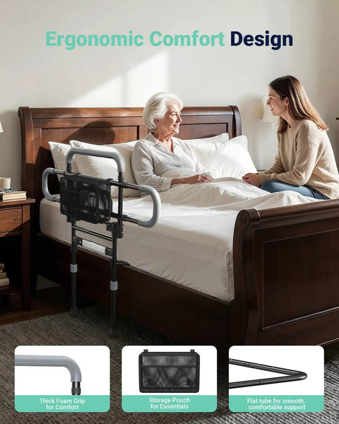 One Hand Fold Bed Rail For Seniors, 180 Degree Folding, Adjustable Height and Width, beside senior woman on wooden bed