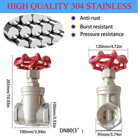Heavy Duty 304 Stainless Steel Gate Valve DN80 3 Inch NPT Female Threaded Rotary Valve dimensions and features.