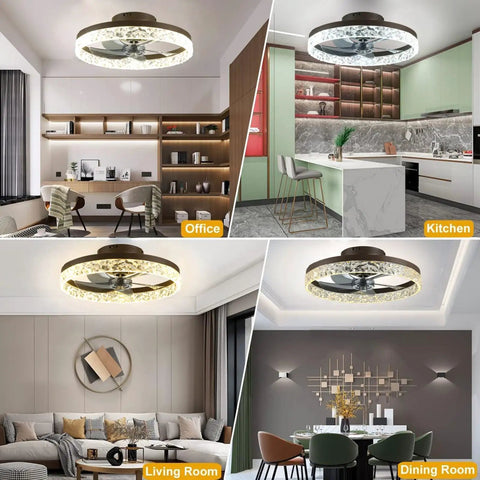 Slick Low Profile Ceiling Fan With Lights And Remote, 3 Color Lighting Modes, in office, kitchen, living, and dining rooms, flush mount design.