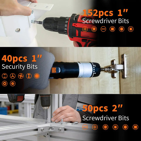 The Ultimate 350 Piece Drill Bit Set For Home Repair And Furniture Assembly includes 152 screwdriver bits in use, 40 security bits, and 50 bits.