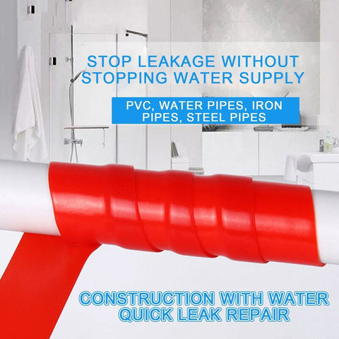 Top Notch Pipe Repair Tape That Seals Waterproof Leaks In A Flash wrapped around a white PVC pipe, ideal for quick leak repair.
