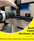 Precision Aluminum Hardware Drilling Jig Drill Template For No Sweat Cabinet Pull Setup With Built In Sight Lines in use, aligned for drilling.