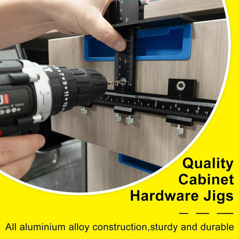 Precision Aluminum Hardware Drilling Jig Drill Template For No Sweat Cabinet Pull Setup With Built In Sight Lines in use, aligned for drilling.