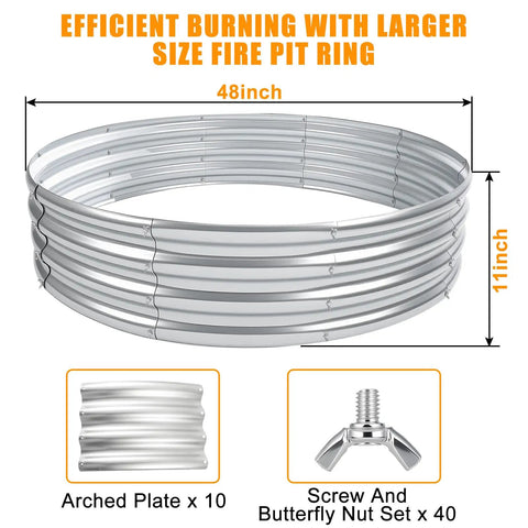 Diagram of the Beefy 48 Inch Fire Pit Ring built from 0.8mm galvanized steel with rust-resistant features and assembly hardware.