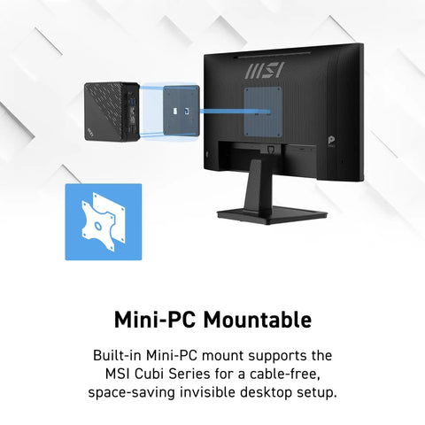 Back view of Pro MP225 E12VL 22 Inch IPS FHD Monitor showing Mini-PC mount compatibility with MSI Cubi for seamless setup.