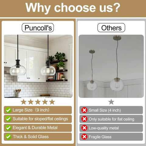 puncoll 2 PK 9 Inch Modern Black Clear Glass Pendant Light showcased in a stylish kitchen setting with shelves and plants.