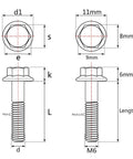 Diagram of Titanium Flange Bolts M6x30mm for Motorcycles Four Pack Grade 5 specifications with measurements
