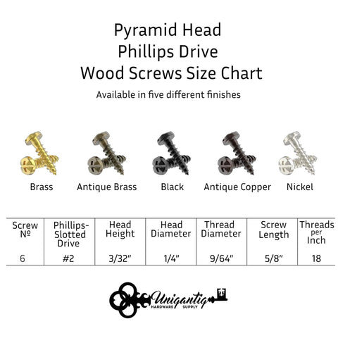 Size Six By Five Eighths Pyramid Head Phillips Wood Screws Crafted From Tough Steel Sporting A Top Shelf Antique Brass Finish In Pack Of Twenty Five For Dead Nuts Secure Woodworking Projects size chart with finishes.