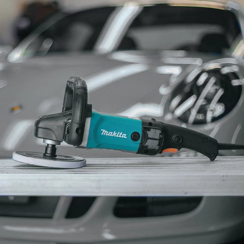 Close-up of 7-Inch Polisher With Pro Grade Variable Speed Dial, Constant Speed Under Load, Soft Start, Rubberized Loop Handle