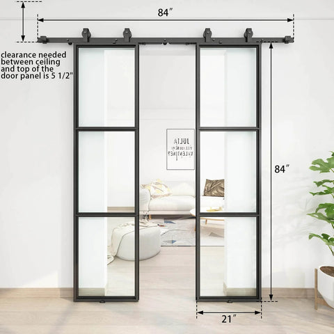 Double Sliding Barn Door Set 42 By 84 Inch With 7 Foot Hardware Kit And Soft Close Mechanism Includes Two 21 Inch By 84 Inch Three Pane Clear Glass Panels Carbon Steel Frame No Brainer Install front view