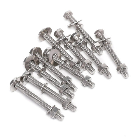 All In One 5/16-18 Stainless Steel Hex Bolt Set With Nuts, Washers And Lock Washers, Fully Threaded 304 Bright Finish, bolts arranged
