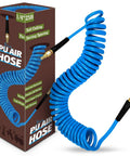 Coiled One Quarter Inch Polyurethane Air Hose With Bend Restrictor For Air Compressor Twenty Five Feet Long Includes One Quarter Inch Copper Quick Connect Fittings And I M Plug Kit Built Tough Blue PU Hose