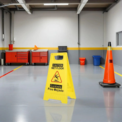 Two Pack Double Sided Folding Wet Floor Caution Signs Bright Yellow A Frame Stands Slip Hazard Markers Heavy Duty Shop Safety Gear For Retail Stores Job Sites Ready Setup